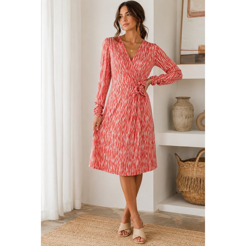 Pendleton Petite Large Coral Abstract Print Faux Wrap Midi Dress  Size LP